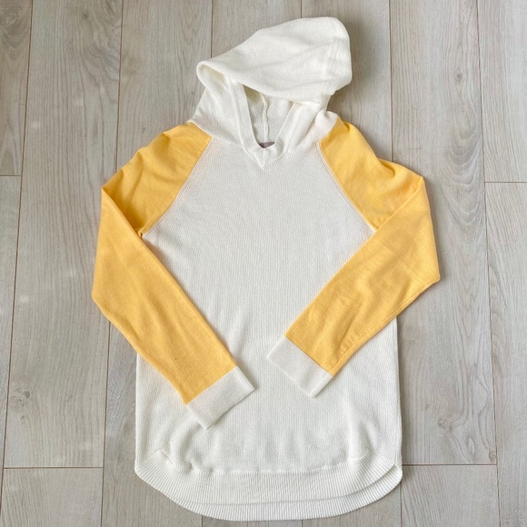 Orange and Off-White Colorblock Hooded Pullover Sweater - Picture 1 of 8